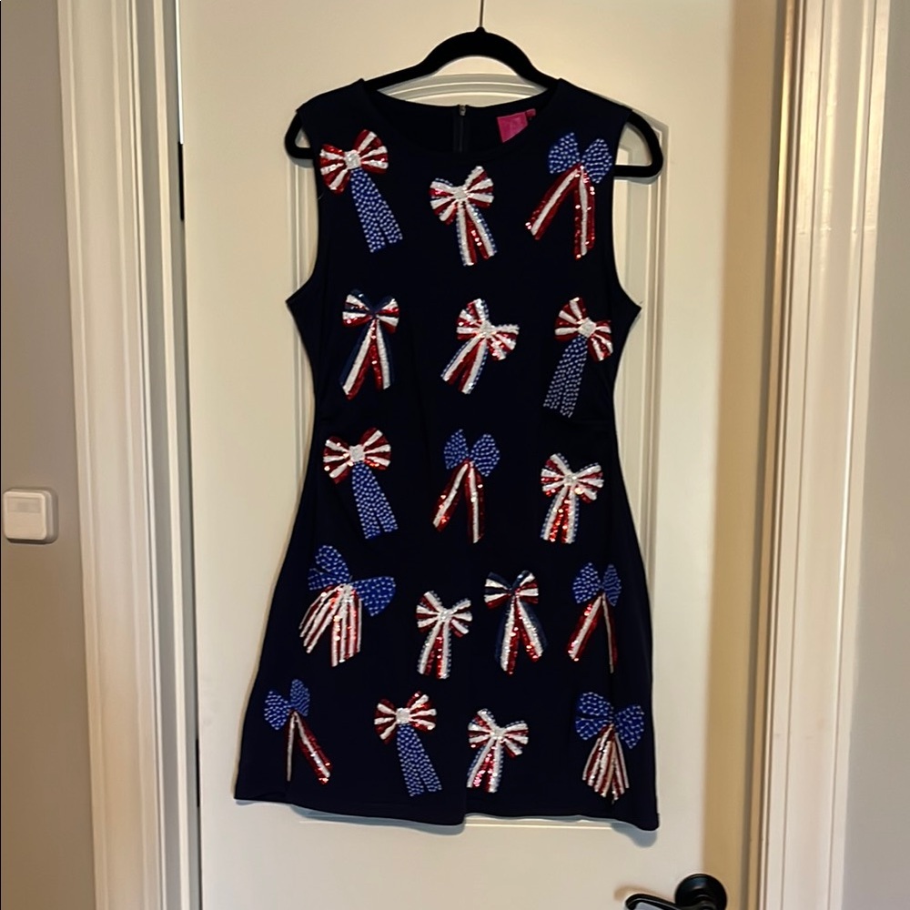 Navy Dress with Sequin Bow Accents